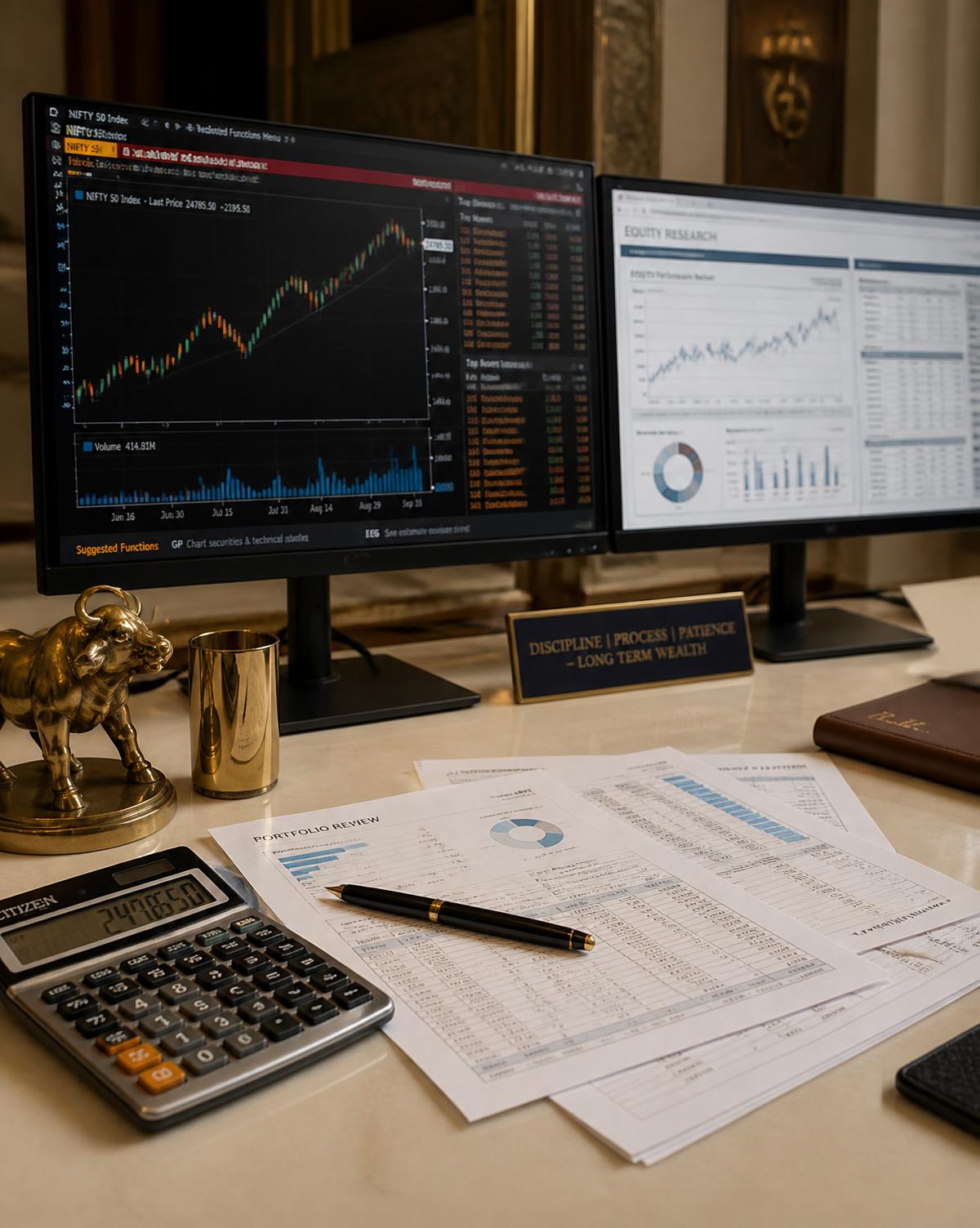 Finance analyst workstation with market charts and printed reports
